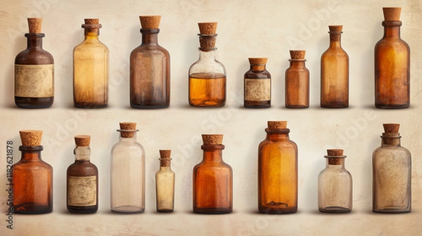 Obraz old vintage medicine bottles in various shapes and sizes on a rustic background