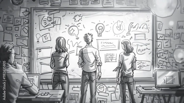 Obraz White and black colors outline illustrations Marketing Team Brainstorming Campaign Ideas generated AI