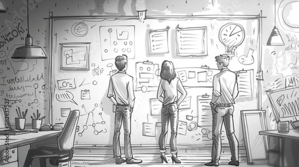 Fototapeta White and black colors outline illustrations Marketing Team Brainstorming Campaign Ideas generated AI