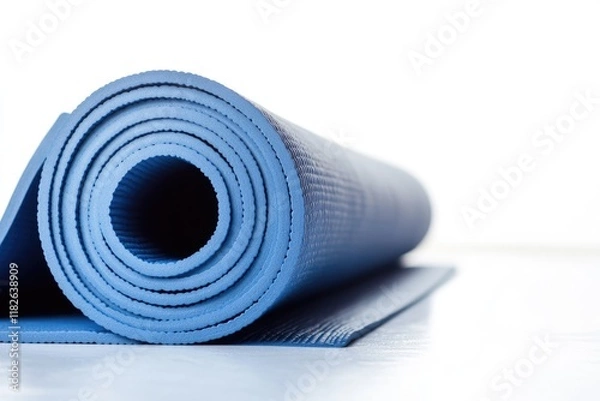 Fototapeta A blue yoga mat is rolled up on a white surface, perfect for storing or transporting