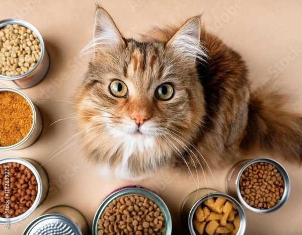 Obraz adorable fluffy cat surrounded by assorted cat food cans and bags concept of pet nutrition feline diet variety domestic cat feeding time top view
