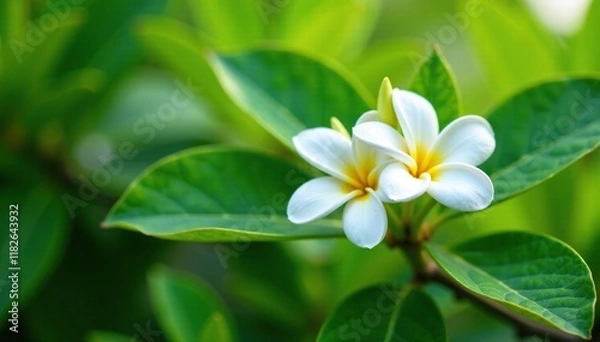 Fototapeta Fragrant white blooms on a lush green leafy tree, tropical tree, white flowers, green leaves