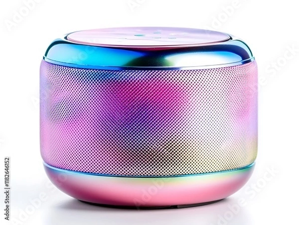 Fototapeta Iridescent portable Bluetooth speaker isolated on white background.
