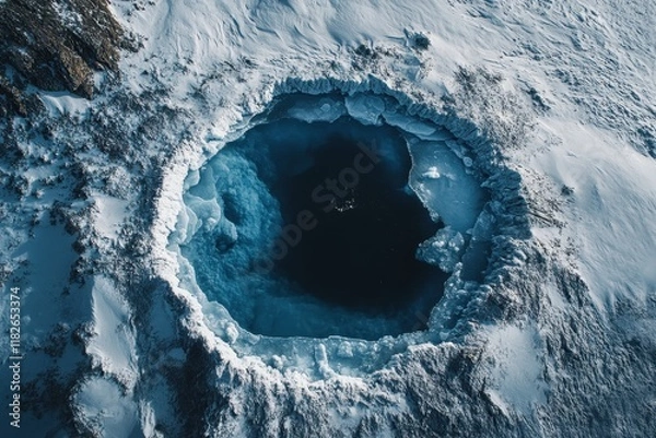 Fototapeta Spectacular aerial view of a stunning ice hole surrounded by pristine snow and rugged terrain in a remote winter landscape