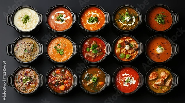 Obraz Assortment of colored vegetable and meat cream soups. Dietary food on a black background. Top view. Tomato, Pumpkin soup. 