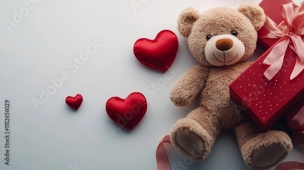 Fototapeta Cute teddy bear with gift box and red hearts on a light background