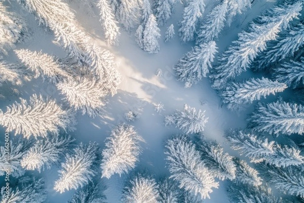 Fototapeta Enchanting winter wonderland with snow-covered trees and serene atmosphere in a tranquil forest