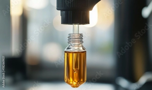 Fototapeta High-quality essential oil being dispensed into a bottle for use in natural remedies and aromatherapy.