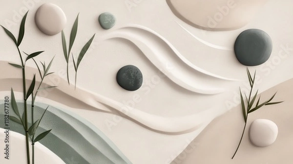 Fototapeta Serene Minimalist Zen Garden Design with Natural Elements.  A calming and peaceful aesthetic showcasing a modern take on traditional zen garden principles.