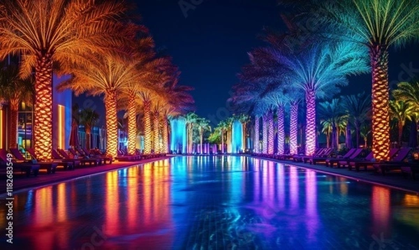 Fototapeta Palm trees lit by neon lights at night, reflecting on a poolside water feature in an urban resort.