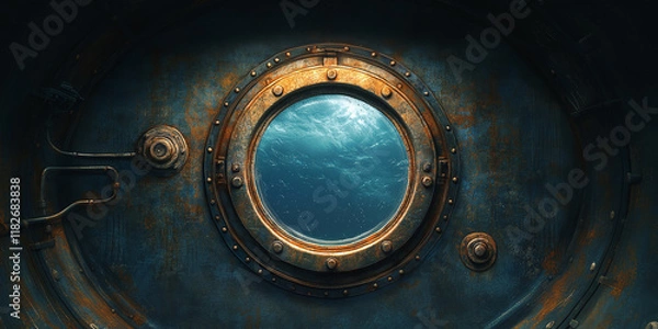 Fototapeta Circular submarine porthole window offering a view of the underwater ocean, with a rusty metallic frame that contrasts strikingly with the deep blue water, evoking a vintage nautical ambiance