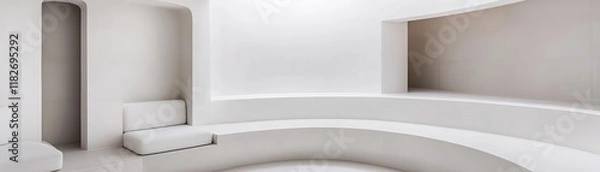 Fototapeta Minimalist white bathroom with curved walls and a built-in seating area