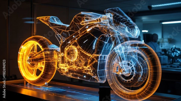 Fototapeta Hologram motocross. Holographic projection of a motorcycle. Flickering energy flux of particles. Research design and Motorsport.