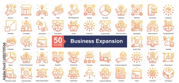 Fototapeta Business Expansion icon collection set. Containing Revenue, Outlet, Idea, Profit, Risk Management, Network, Pie Chart, Intellectual, Marketing icon. Simple outline gradient illustration.	
