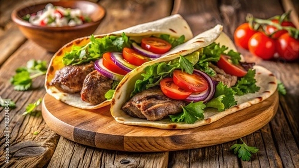 Fototapeta Aerial View of Delicious Wrapped Meat in Flatbread, Perfect for a Quick Savory Meal