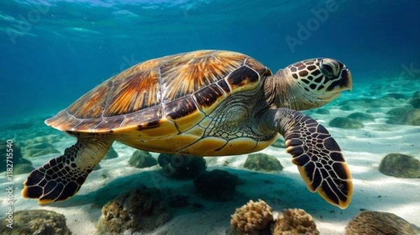 Obraz A happy sea turtle searching for food 