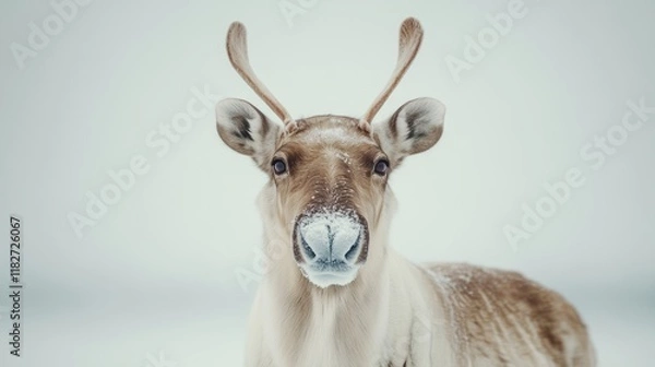 Fototapeta Close-up Image of a Majestic Reindeer in a Serene Snowy Landscape with Focused Antlers and Gentle Eyes, Capturing the Beauty and Tranquility of Winter Wildlife.