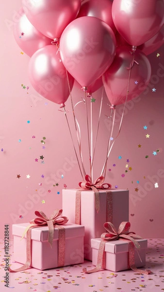 Fototapeta Festive Gift Boxes and Pink Balloons: Vibrant 3D Rendering for Party Invitations and Event Marketing