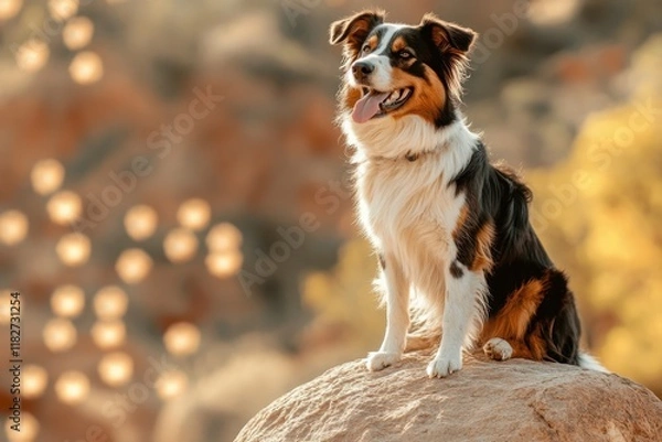 Fototapeta an Australian Shepherd sitting on top of a rock, side view, with a happy expression, against a beautiful natural background, captured in natural light Generative AI