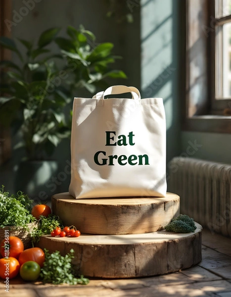 Fototapeta Tote bag designs supports eat green, on podium, dramatic resolution extra extremely realistic natural focus on the subject, generated by ai 