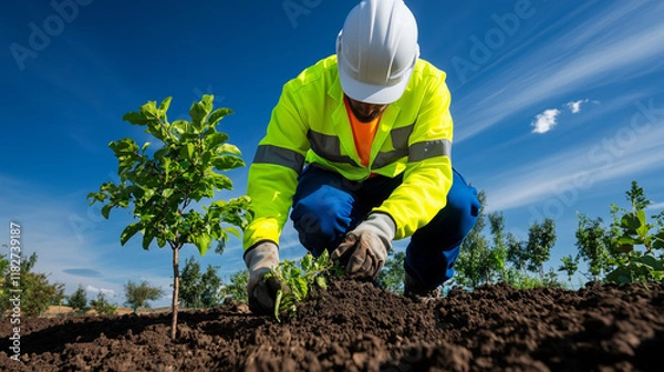 Fototapeta Construction Worker Planting Tree in Field with High Vis Suit and Hard Hat