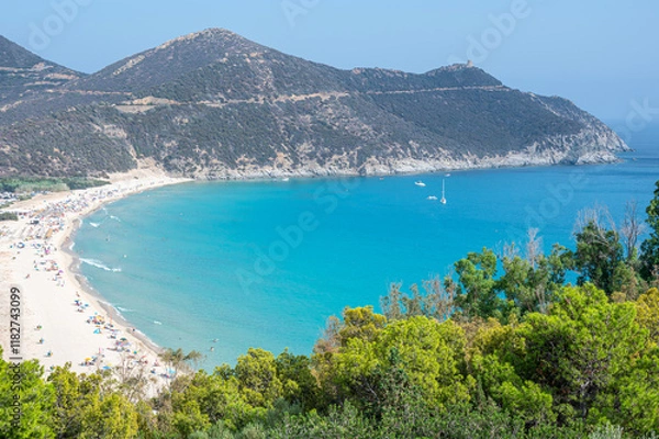 Fototapeta Aerial view of the beautiful Solanas beach with blue and turquoise water