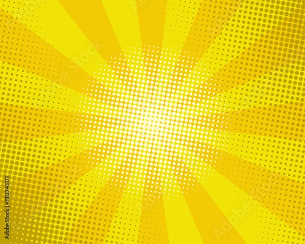 Fototapeta Comic or pop art background. Abstract yellow-orange background vector illustration with halftone dots pattern and rays of light.
