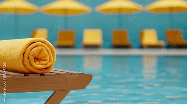 Fototapeta Relaxing scene of a rolled yellow towel on a sunbed by a turquoise pool with bright umbrellas in a summer resort setting.