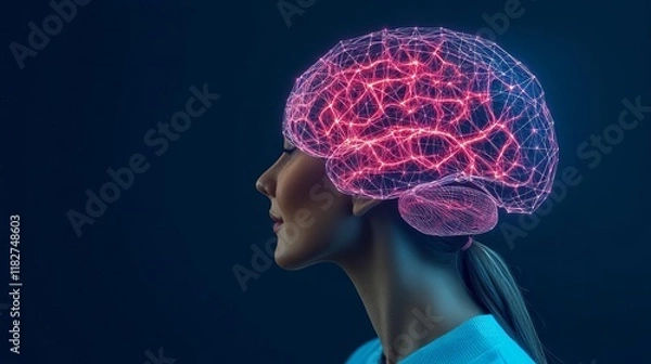 Fototapeta Brain cortex visualized with abstract glowing grids, innovative and conceptual