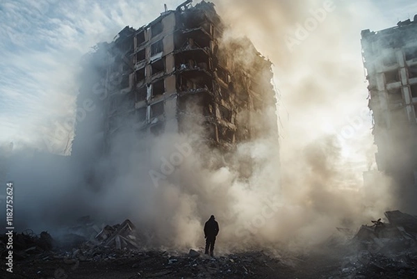 Fototapeta Destruction of Urban Buildings Enveloped in Smoke During Early Morning After an Explosion or Natural Disaster, Highlighting the Devastation in the Area