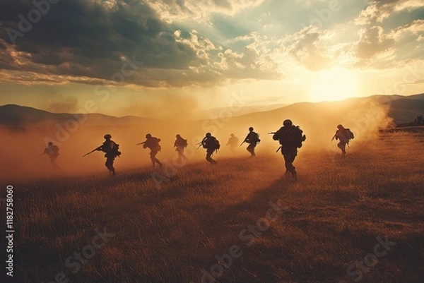 Obraz Soldiers engage in tactical maneuvers during military training exercise in a dusty open field