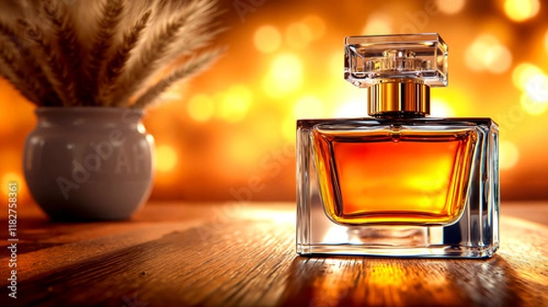 Fototapeta A bottle of perfume sitting on top of a wooden table