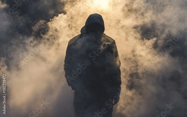 Fototapeta A shadowy dark figure of a man surrounded by smoke, evoking an ominous presence.
