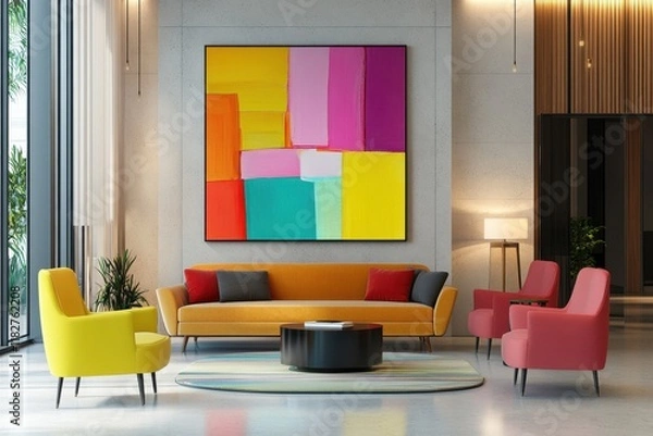 Fototapeta Modern hotel lobby featuring vibrant artwork and contemporary furniture in a minimalist design for a welcoming atmosphere
