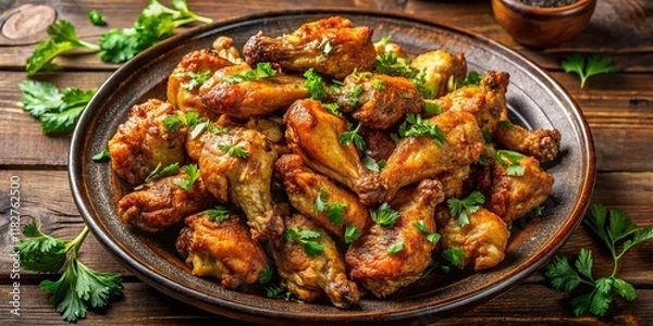Fototapeta Crispy Fried Chicken Wings Platter with Fresh Herbs - Overhead Shot