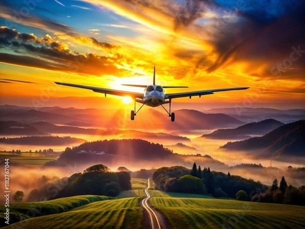 Fototapeta Dawn Flight: Electric Vertical Takeoff and Landing Aircraft Soaring Over Breathtaking Landscape
