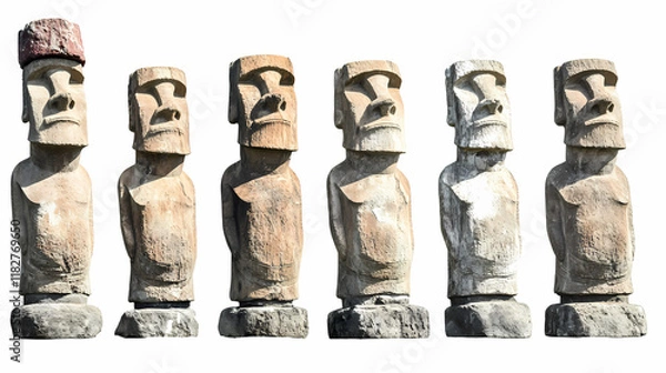 Fototapeta Easter island moai statues in a row, white isolated background. Windshard. Illustration