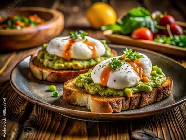 Obraz Delicious Low-Light Brunch: Guacamole Toast & Poached Eggs