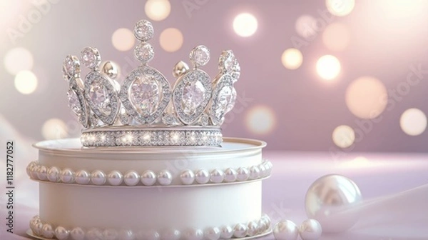 Fototapeta A glittering diamond crown inside an elegant pearl-finished box on a gradient of lavender and gray.