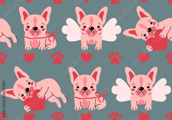 Obraz Seamless pattern for Valentine's day greeting card with French bulldog puppy. Cute design. Vector illustration. Dog. Funny french bulldog puppy. Cute background texture