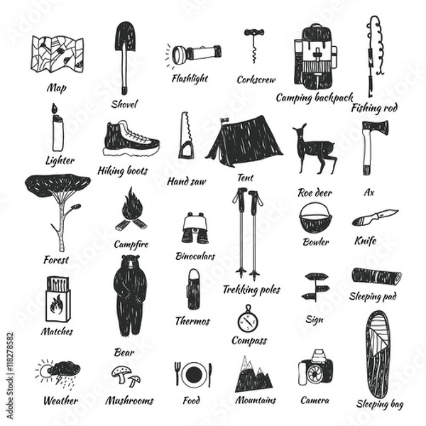 Obraz camping icons doodle text