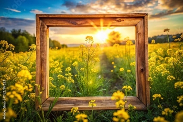 Obraz Double Exposure: Sunlit Yellow Flowers in a Rustic Frame