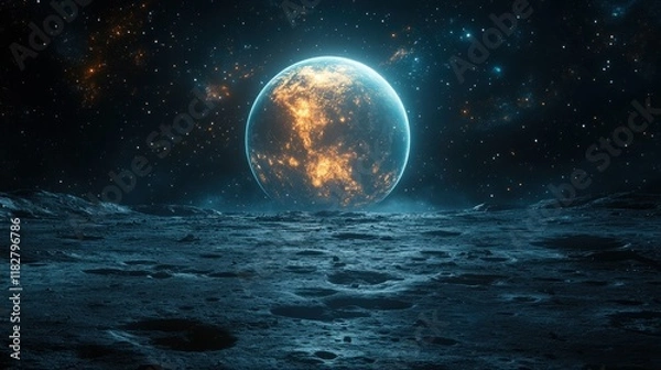 Fototapeta Earth from Moon Photorealistic Space View with Dramatic Lighting and Starry Sky