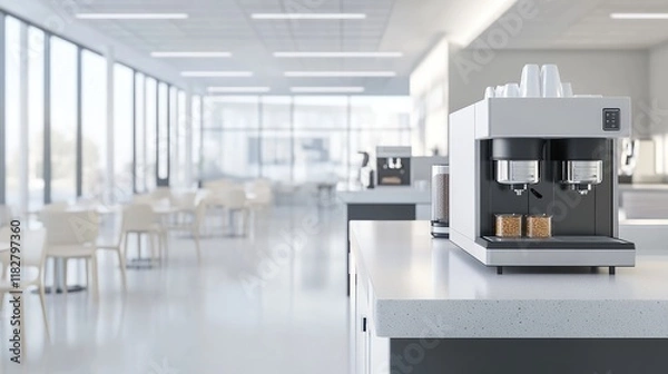 Fototapeta A bright office kitchen with a coffee machine, snacks, and seating areas.