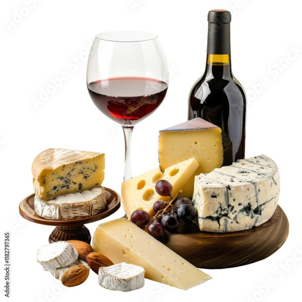 Obraz A delectable assortment of cheeses paired with a bottle of red wine and a glass. Perfect for a gourmet wine and cheese tasting experience.