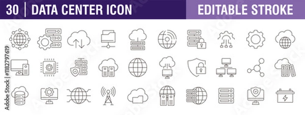 Fototapeta Collection of data center icons. Analytics, hosting, storage, cloud computing. Vector design template, signs, symbols, editable stroke.