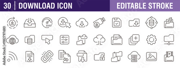 Fototapeta Collection of download icons. Documents, files, uploads, transfers, data. Vector design template, signs, symbols, editable stroke.