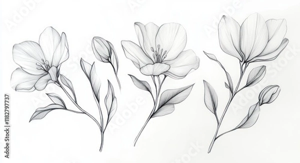 Fototapeta Botanical Illustration of Vanilla Orchid Flowers Buds and Leaves Detailed Hand Drawn Pencil Sketch Isolated on White Background