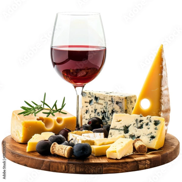 Obraz Elegant cheese platter with assorted cheeses, black olives, and a glass of red wine on a wooden table, perfect for wine and cheese lovers.