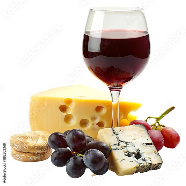 Obraz Red wine with various cheeses, grapes, and crackers arranged on white background, perfect for gourmet and culinary themes.